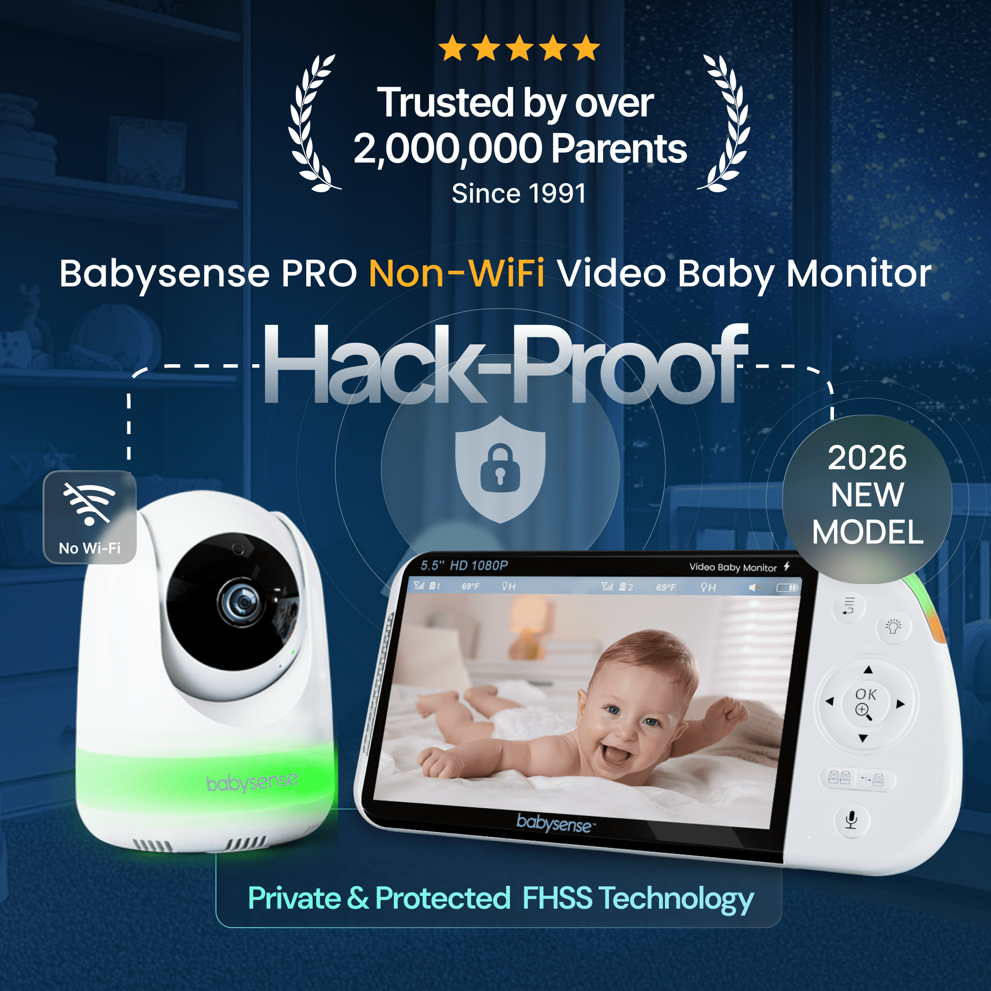 Babysense Full HD 5.5" Split Screen Baby Monitor with Camera and Audio, 6-Color Night Light, White Noise, Sound & Light Machine, 20-Hour Battery, Hack-Proof Non-WiFi Secure Connection