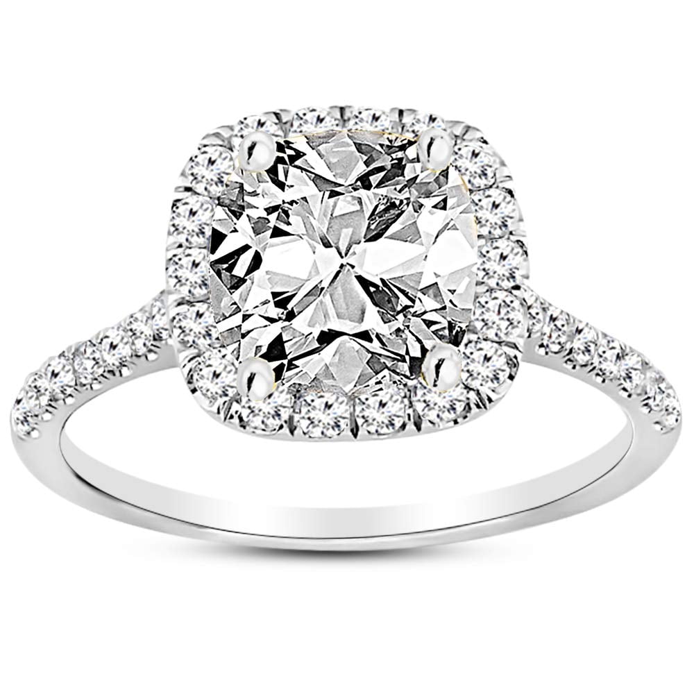 14K White Gold 3/4 Carat Lab Grown Cushion Cut Halo IGI Diamond Engagement Ring (0.75 Ct,F-G VS1-VS2