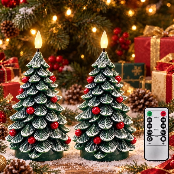 Uooglle 2PCS Christmas Tree Flameless Taper Candles Xmas Decor, Christmas LED Taper Candles, Electric Candlesticks Battery Operated for New Year Holiday Decorations Fireplace