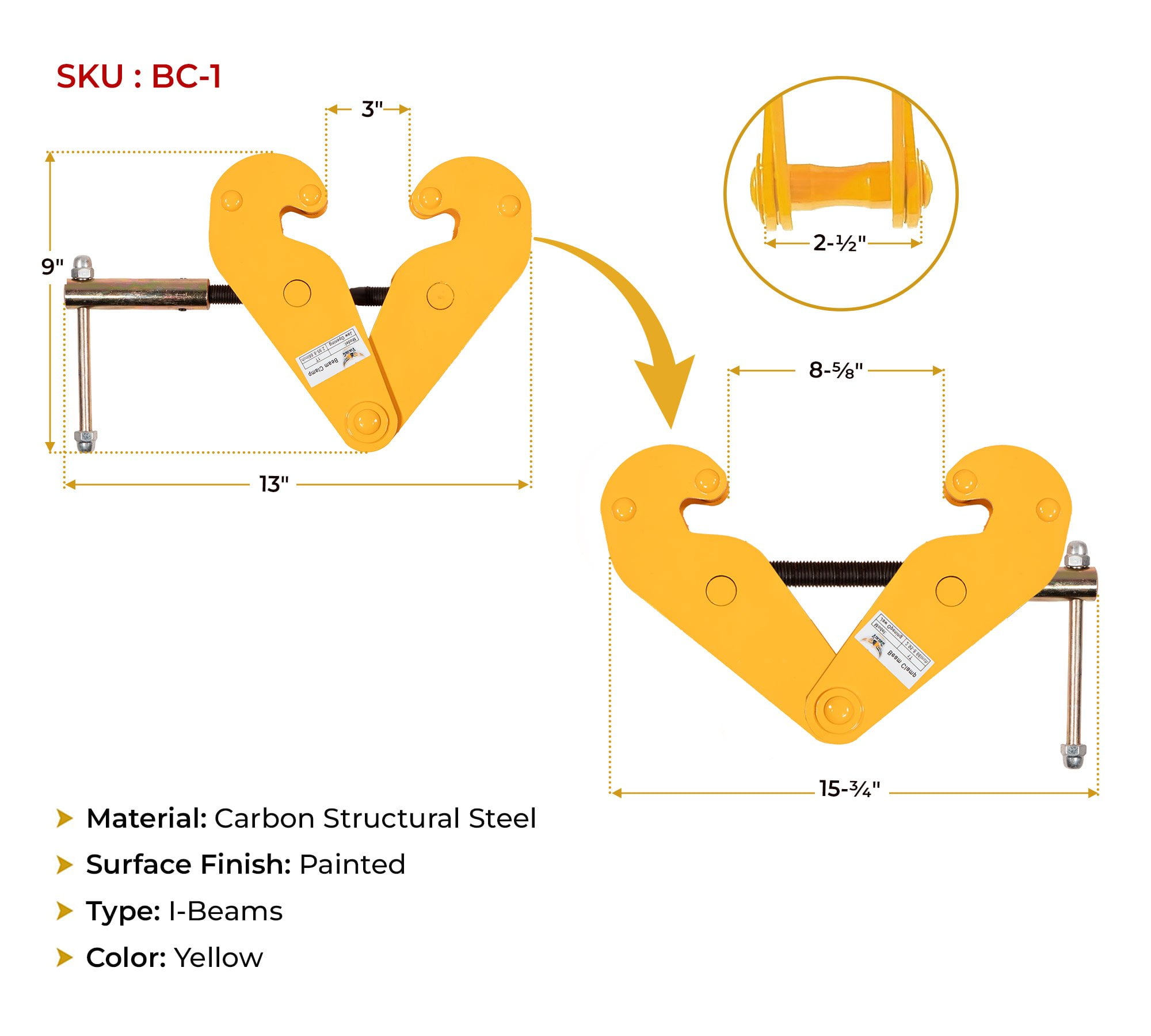 Adjustable Beam Clamp Yellow, 1 Ton / 2204 LB Working Load Limit with Manual Screw Rod, I-Beam Lifting Clamp For Industrial, Home-garage Lifting, Rigging, and Other Operations