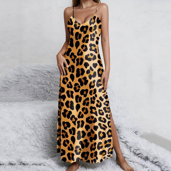 QUNYINEY Sleeveless Womens Sundresses Leopard Print Vacation Long Dresses Beach Loose Fit V-Neck Split Slip Dress