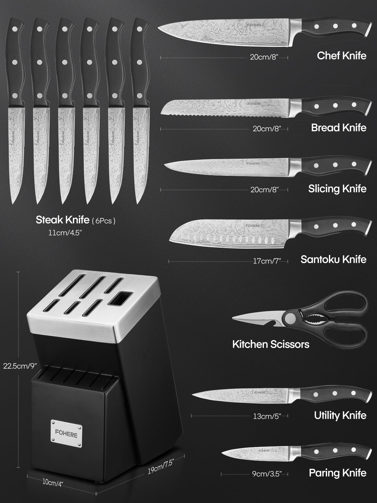 FOHERE 14 Pcs Knife Set with Self-sharpening , Waved Texture Stainless Steel Kitchen Knives, Black