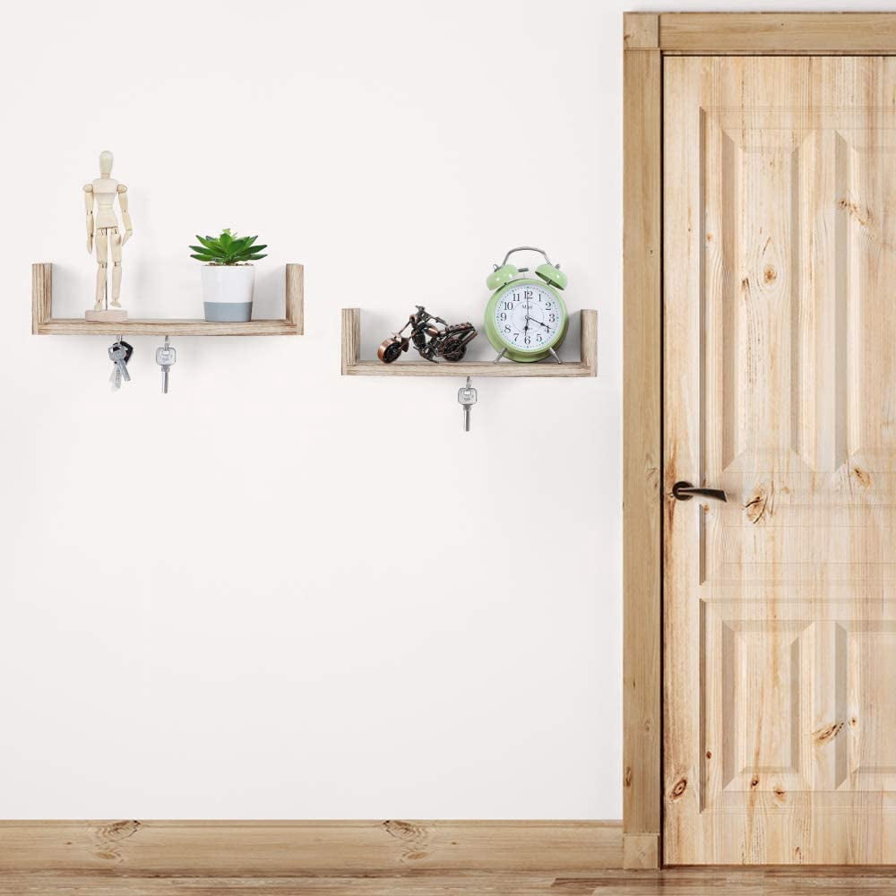 LIANTRAL NEX 2 Pack U Shape Wood Floating Shelf with Magnetic Key Holder