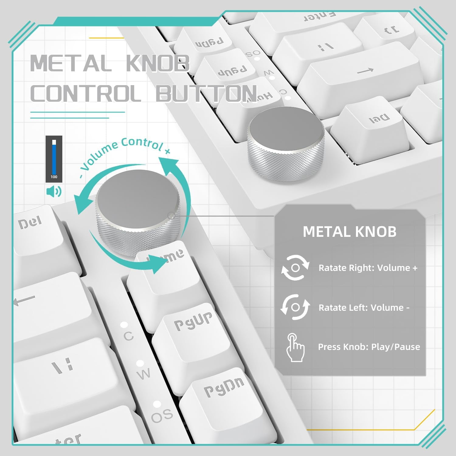 AJAZZ AK820 75% Wired RGB Hot Swap Mechanical Keyboard with CNC Volume Knob,Poron Foam Gasket Mounted,South Facing LED,OME Profile PBT Keycap-Blue Light,NKRO,Blue Clicky Switch(White)