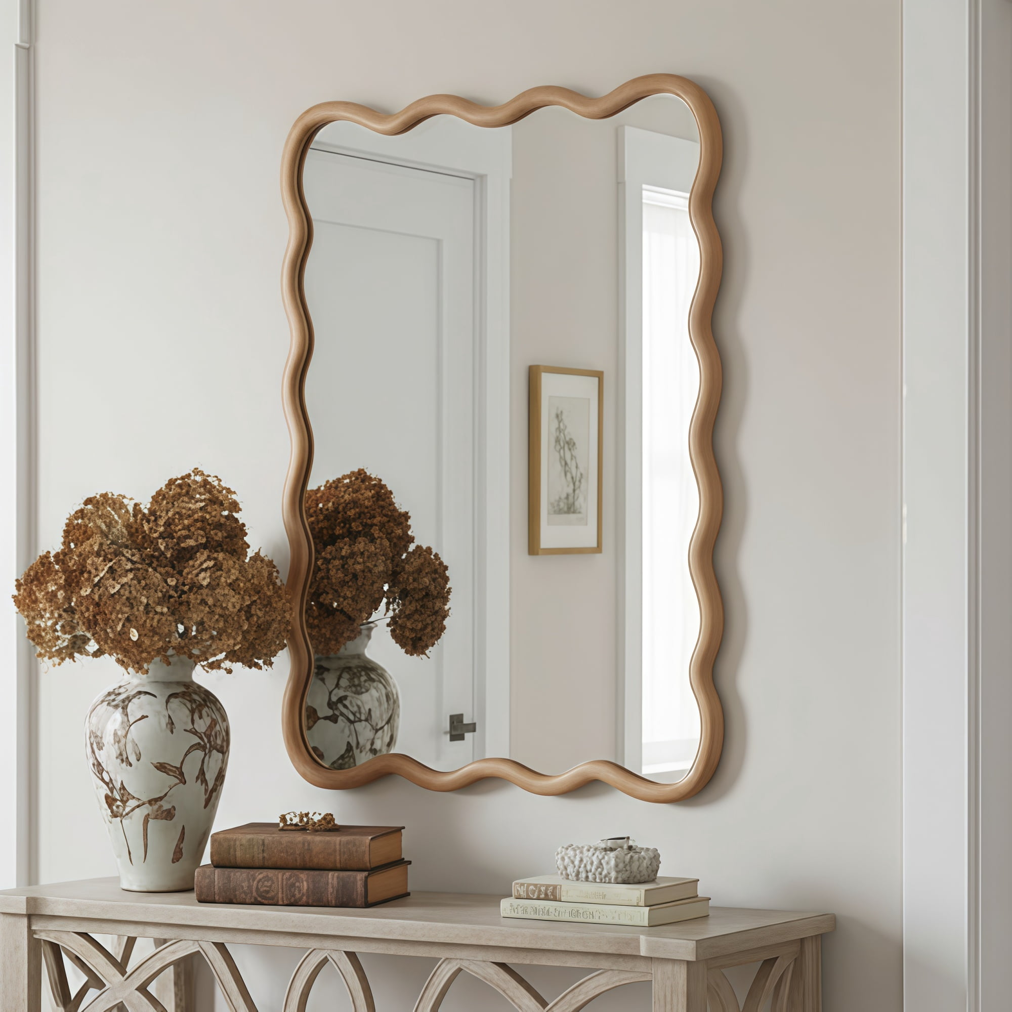 Leumius 30"x40" Wavy Rectangle Mirror, Solid Wood Frame Decorative Mirror for Bedroom Bathroom Living Room Entryway Natural