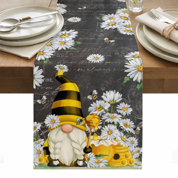Daisy Floral Table Runner - 36 Inch Long, Kitchen Dining Table Runner Dresser Scarves, Vintage Watercolor Bee Gnomes Flowers Farmhouse Decor for Coffee Tables Wedding Party Banquet