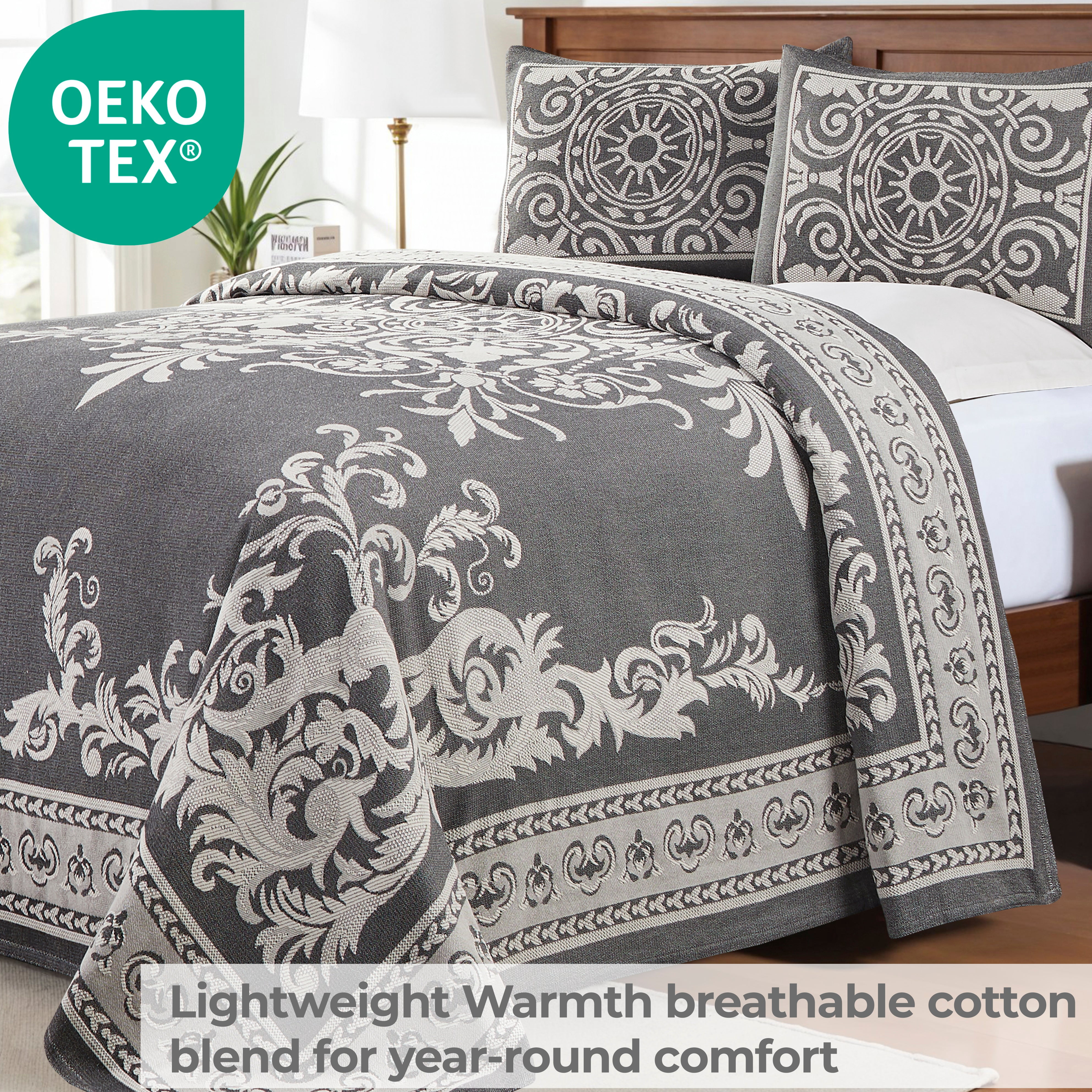 Superior Woven Jacquard Bedspread Set Queen Size, 3-Piece Lightweight All Seasons Coverlet, Charcoal