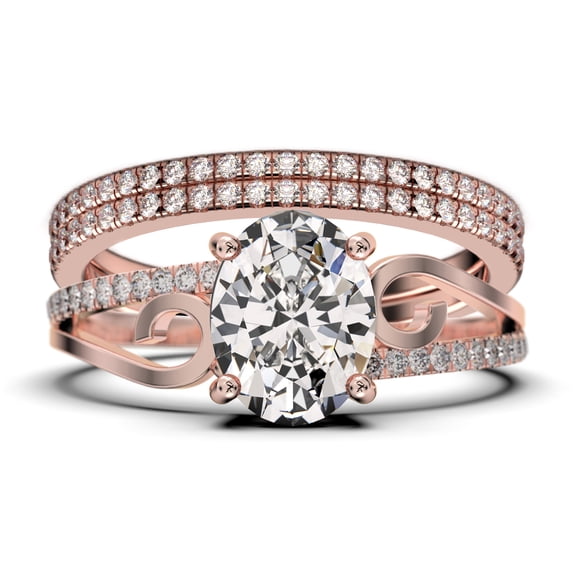 Gorgeous Art nouvea 2.50 Carat Oval Cut Diamond Moissanite Twirled Style Engagement Ring, Wedding Ring in 925 Sterling Silver With 18k Rose Gold Plating Gift For He, Trio Set
