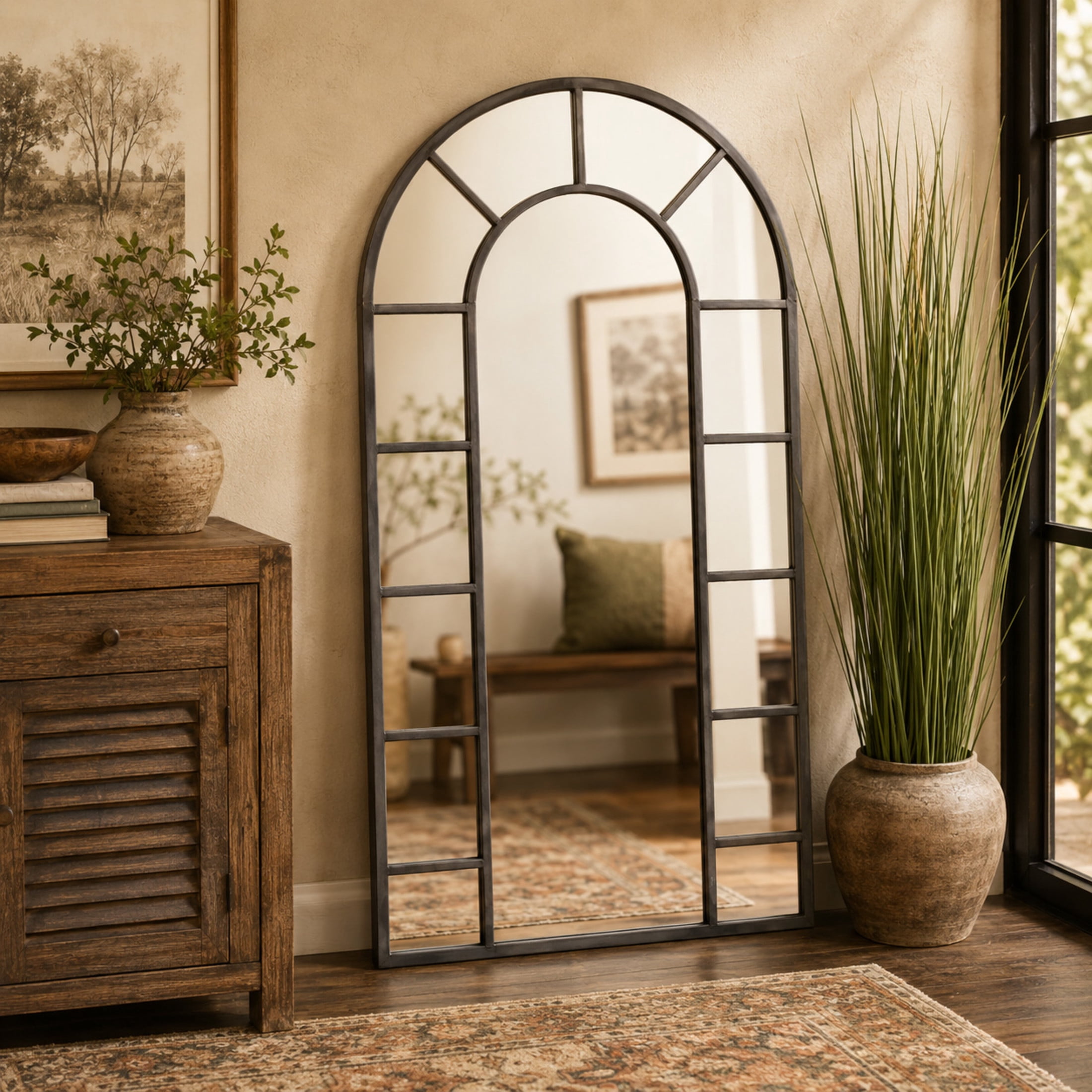 DecMode 32" x 60" Black Window Pane Inspired Wall Mirror with Arched Top