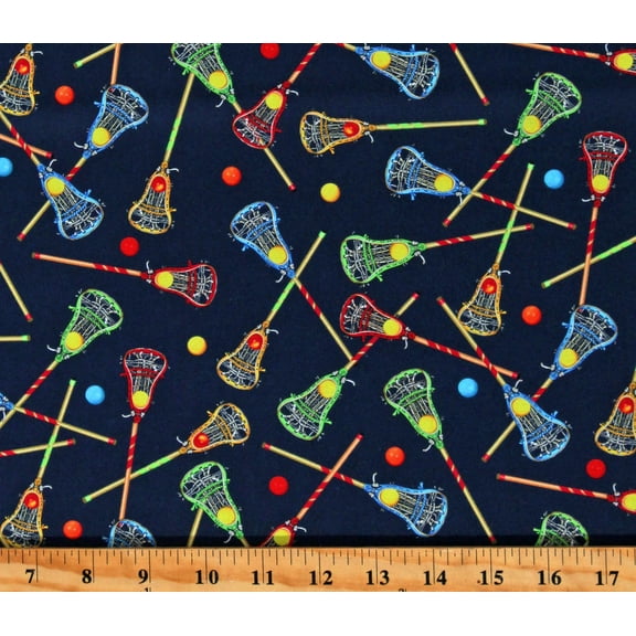 Cotton Tossed Lacrosse Sticks LAX Sports Navy Cotton Fabric Print by the Yard (GAIL-CD2112-NAVY)
