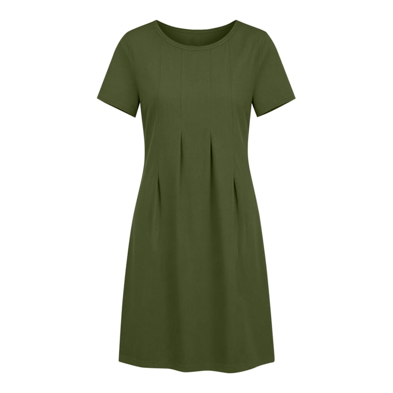olive green shift dress Summer Dresses for Women Crew Neck Pleated Front Solid Shift Dress Casual  Summer Mini T-Shirt Dress Olive Green L