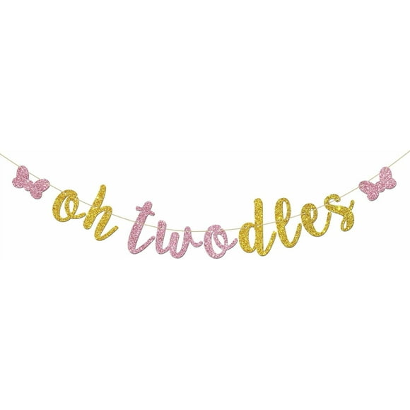 Oh Twodles Banner - Happy 2nd Birthday Party Decor for Girls - Cartoon Mouse Theme 2nd Birthday Party Decorations Supplies, Pink & Gold Glitter