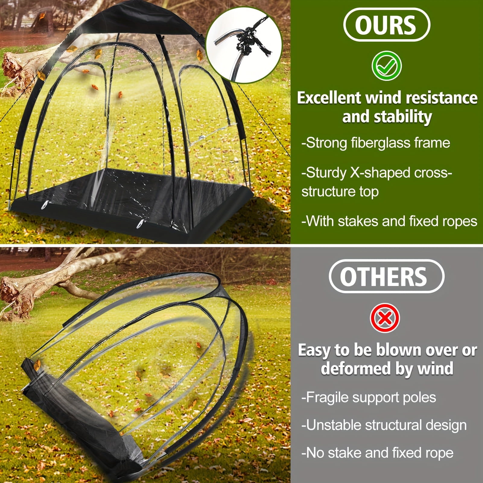 Panoramic transparent waterproof tent, lightweight and large 1-3 person tent for sports, outdoor cleaning tent, rain shelter for watching sports events, camping, fishing, suitable for all seasons