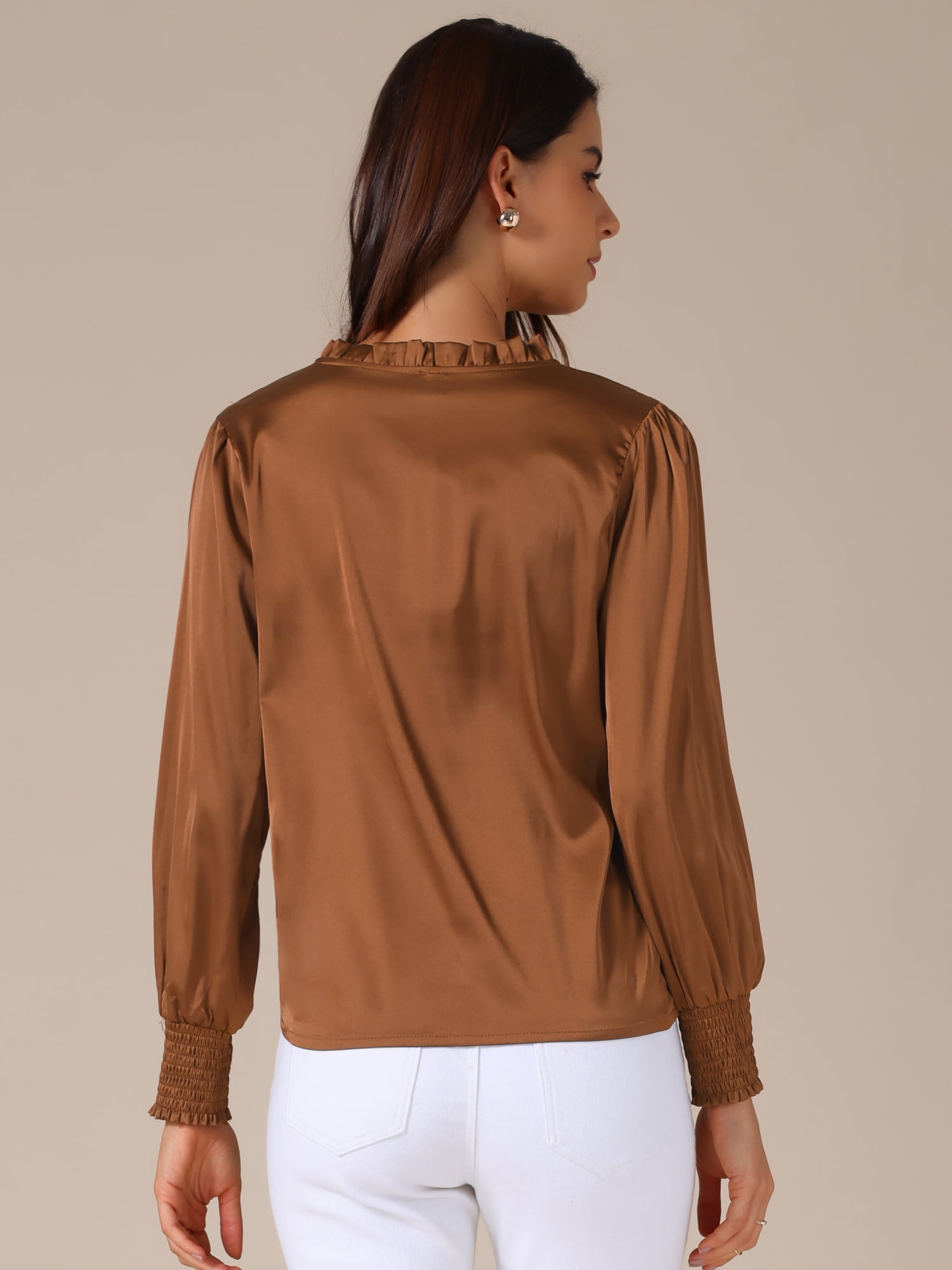 DARING DIVA Women's Satin Long Sleeve Mock Neck Self Tie Work Shirts L Dark Brown