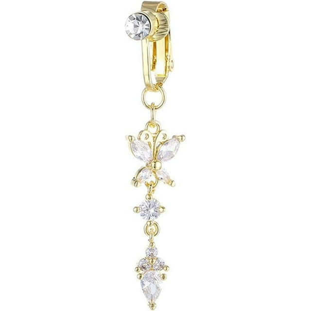 XINQIHANG Dangle Belly Button Ring for Women,Butterfly Stainless Steel Belly Rings,Fake Belly Piercing Fake Belly Button Ring,Fake Belly Button Piercing Clip,Body Jewelry