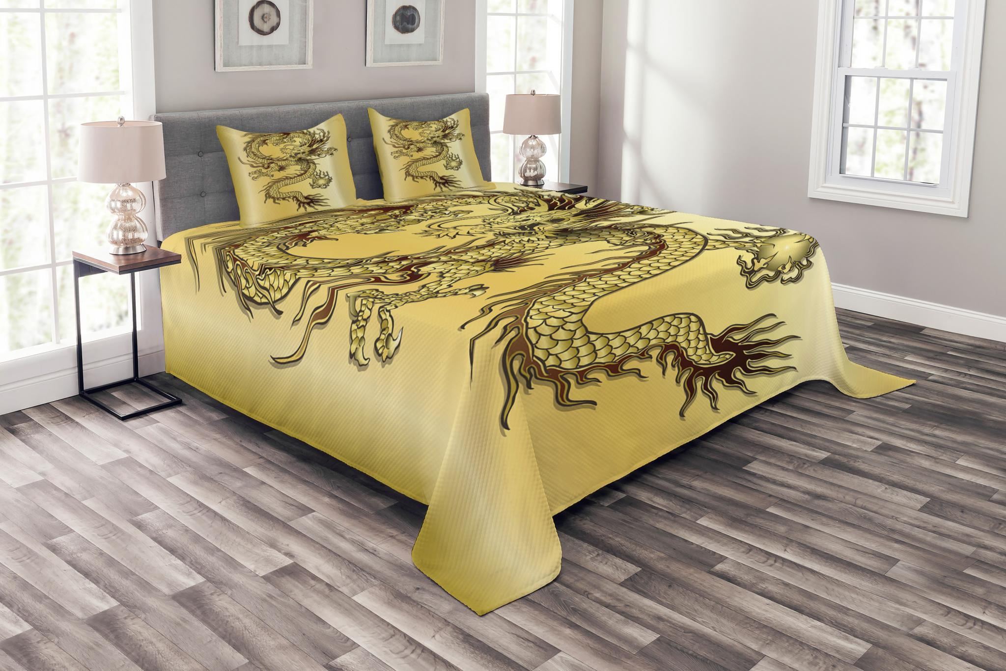 Dragon Bedspread Set Queen Size, Chinese Snake Dragon Theme Background