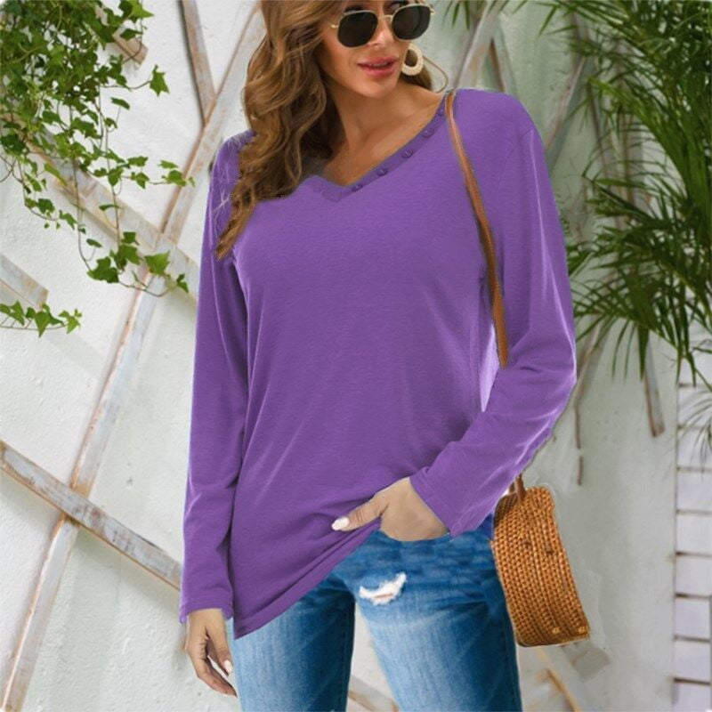 V-neck Button Long Sleeve Cotton Large 