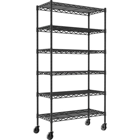 YOHKOH 6-Wire Heavy Duty Shelving Metal Storage Rack with Wheels, MAX 2000LB, Carbon Steel Adjustable Unit Shelves for Laundry Garage Kitchen (36L x 14W x 74.9H, Black)