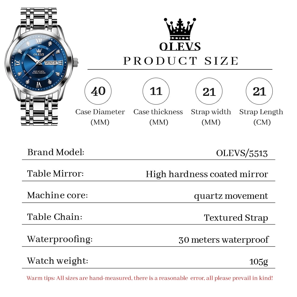 OLEVS Watches For Men Diamond Business Dress Luxury Casual Analog Quartz Stainless Steel Waterproof Luminous Date Men Wrist Watches Reloj Para Hombre Blue Dial