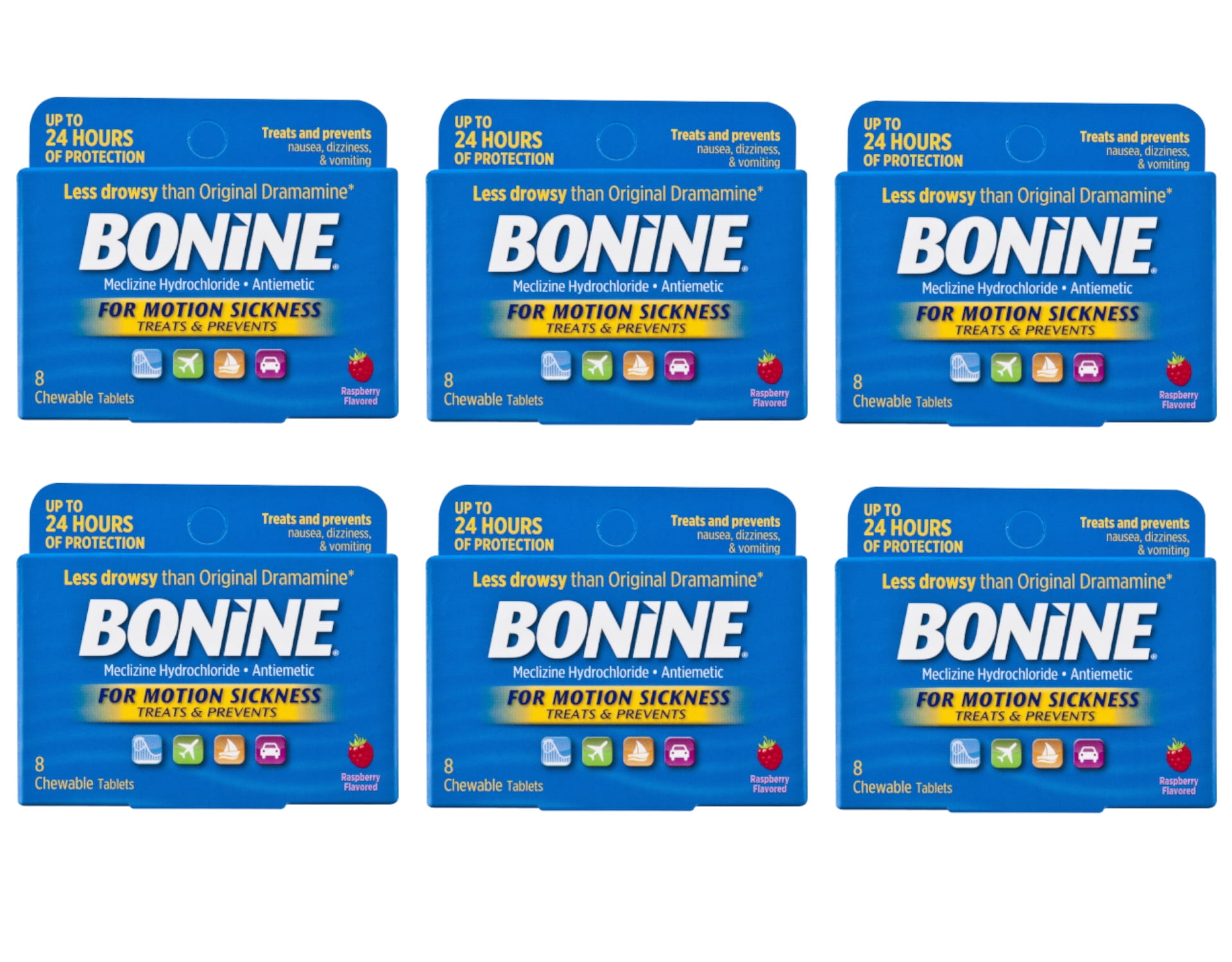 6 Pack Bonine Motion Sickness Tablets, Raspberry 8 Count
