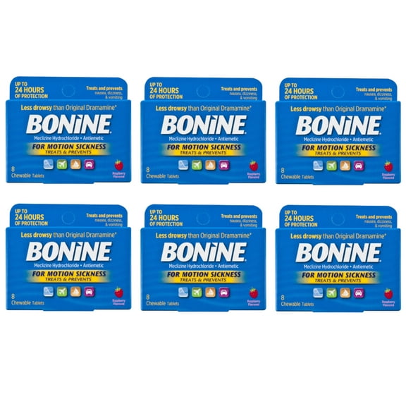 Bonine For Motion Sickness Chewable Tablets, Raspberry Flavored - 8 ea, 6 Pack