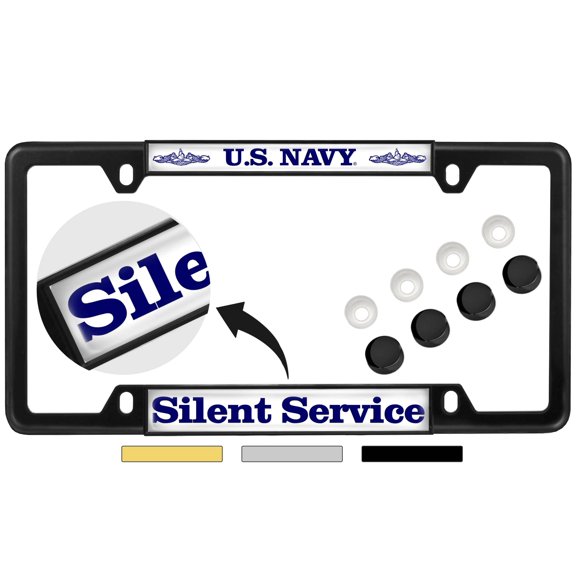 [Officially Licensed Product] - U.S. Navy Silent Service - Domed Custom-Made Personalized Narrow (Thin) Top 4 Hole Metal Car License Plate Frame with Free caps - Black (Quantity: 1 Frame)