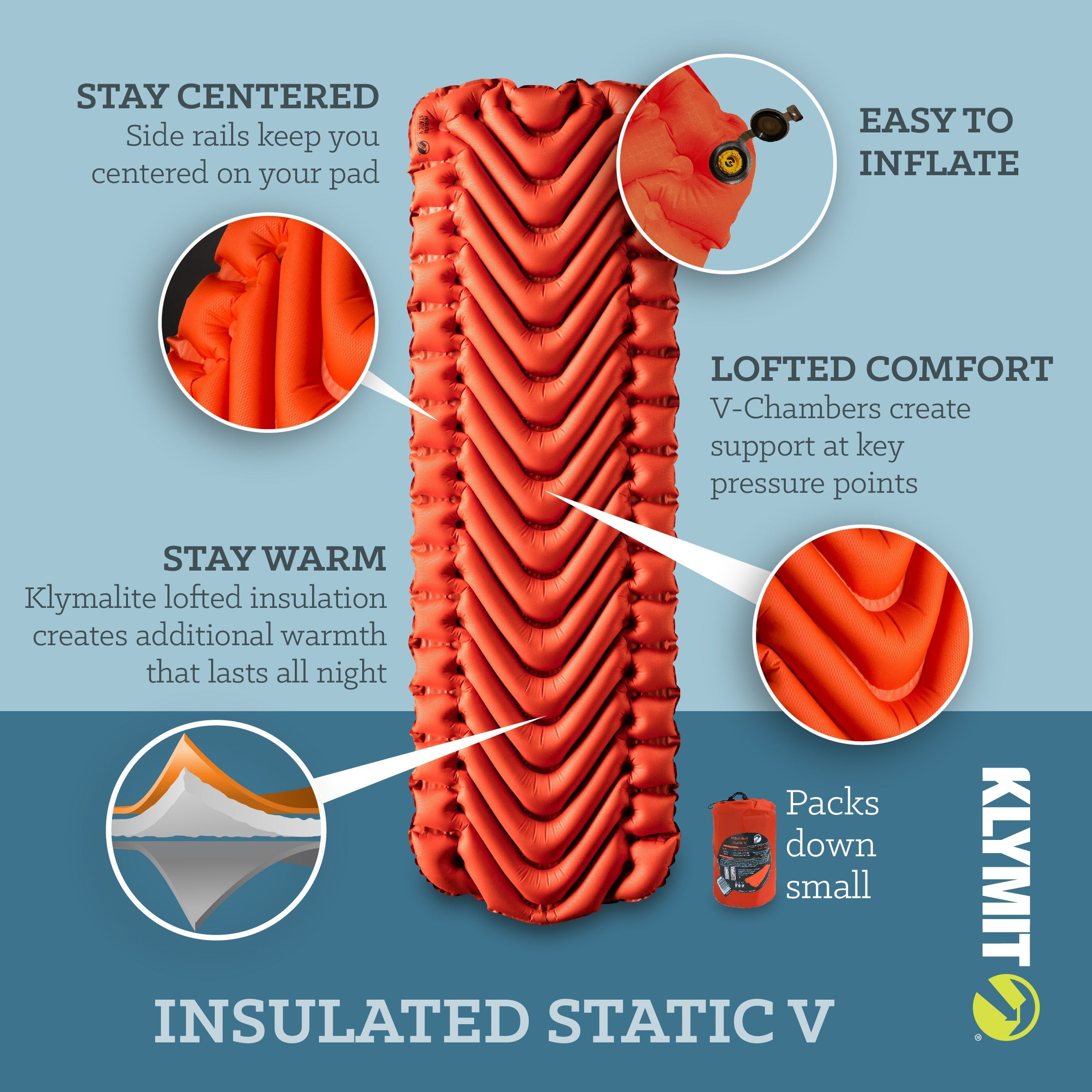 Klymit Insulated Static V Sleeping Pad Durable Camping Inflatable