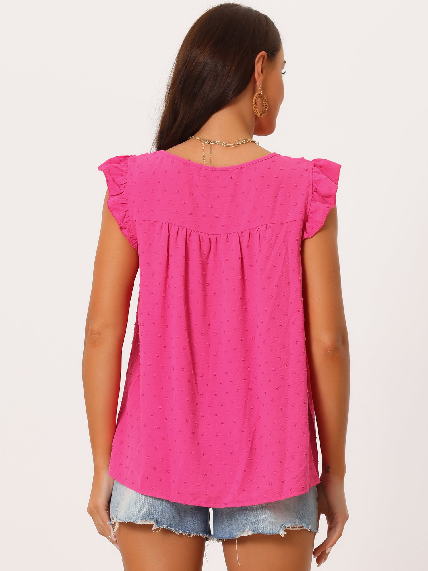 DARING DIVA Women's Swiss Dots Ruffle Sleeveless Crewneck Blouse Shirt S Hot Pink