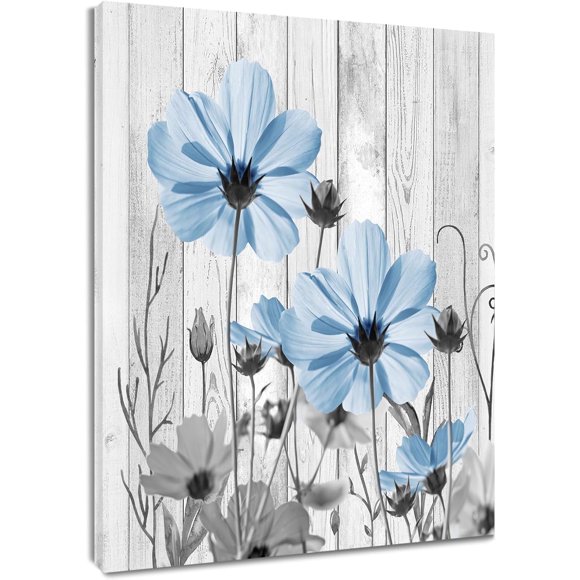 Country Wildflower Wall Art Blue and Gray Vintage Floral on Farmhouse Wood Canvas Wall Art Blue Flower Nature Plant Framed Wall Art for Living Room Bedroom Bathroom Wall Decor,16L X 12W inches