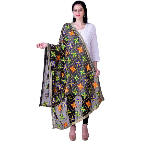 Phulkari / Dupatta /Chiffon Dupatta for Women, Embroidered Pankha Design, (Size 42 X 84 Inches)