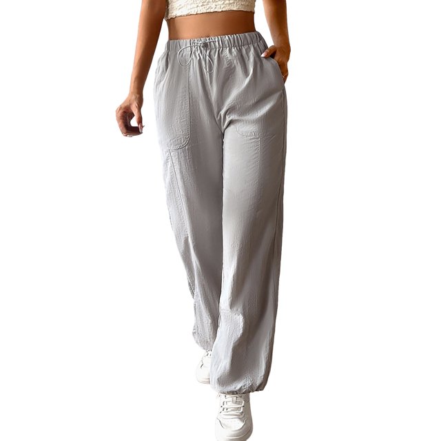 Pantalones de trabajo informales de mujer con cintura elástica, pierna ancha y bolsillos