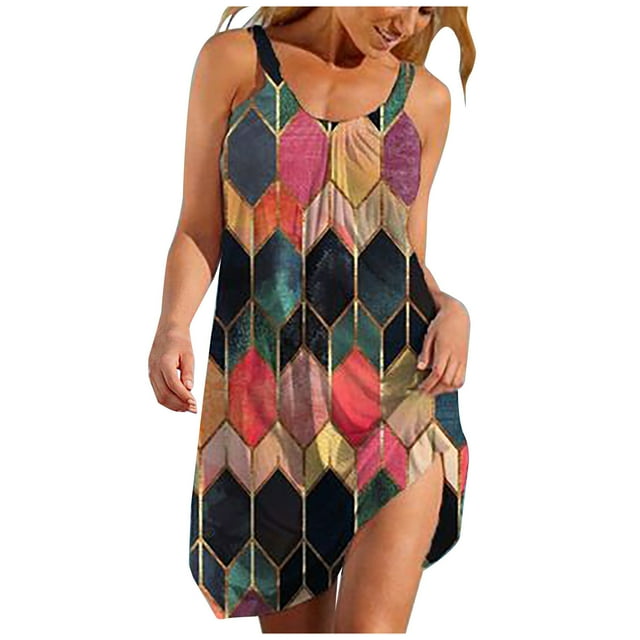 SMihono Robe Maxi Bohème d'Été pour Femmes Grande Taille Mode Féminine Col Rond Sexy Sans Manches Ourlet Imprimé Dessin Animé Mignon Robe de Plage Ample Robe de Plage