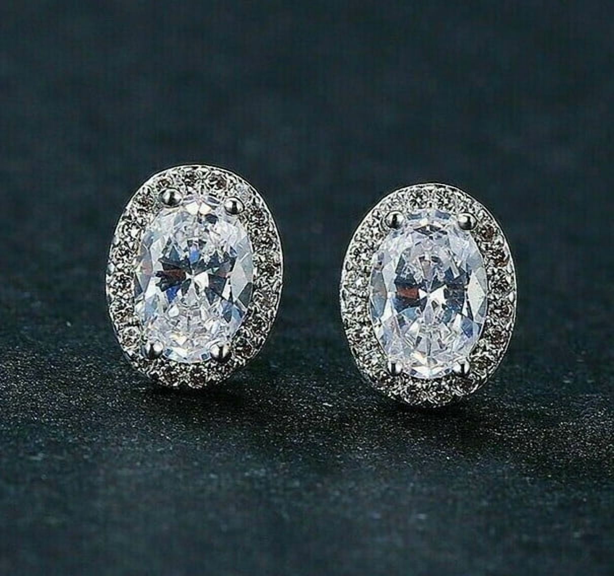 Silver & Stone Jewels Beautiful New Silver 14k White Gold Plated Clear Oval CZ w/ Halo Stud Earrings