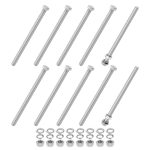 Uxcell 10-Pack Tornillo de Cabeza Hexagonal con Tuercas, Arandelas Planas y de Bloqueo M12x200mm