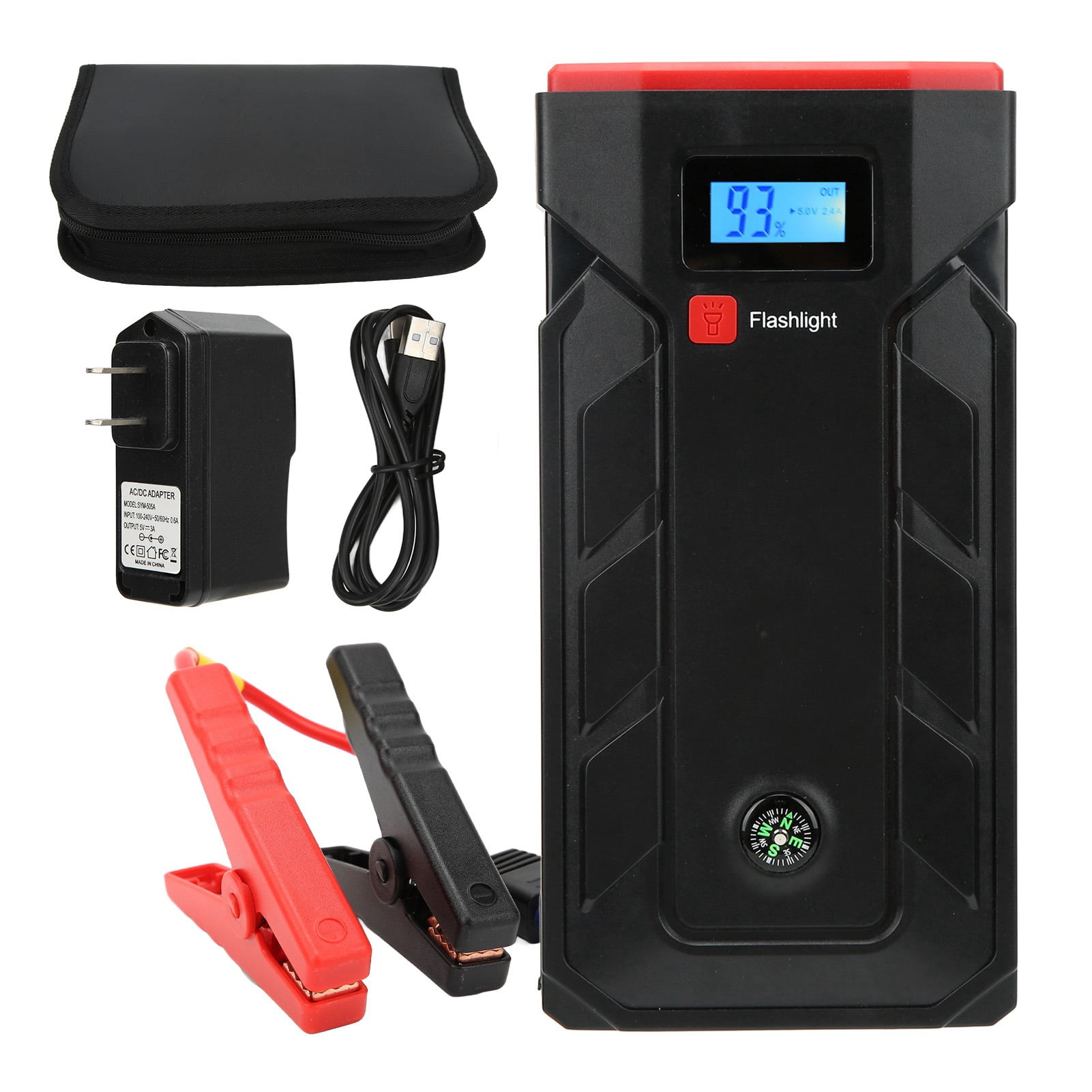 12000mAh Jump Starter 1000A Peak 2 USB Ports with LED Light Compass for 12V Cars Motorcycles 100‑240V US Plug