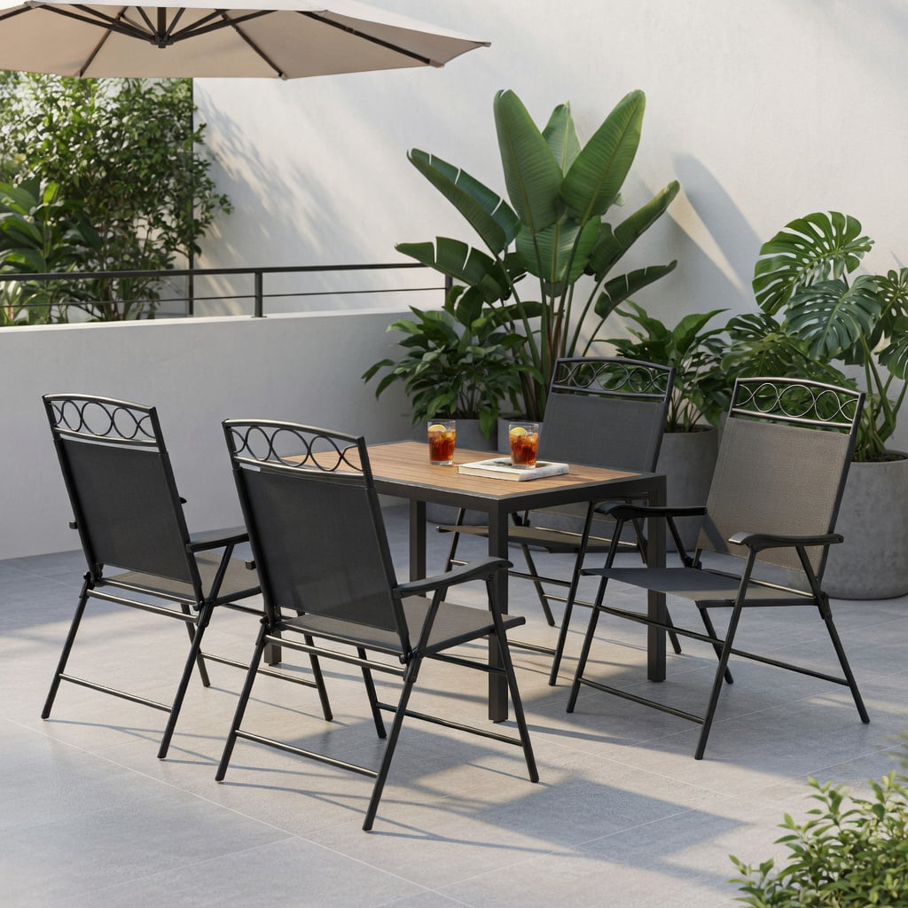 Hommoo 4-Pack Folding Patio Chairs with Armrests, Outdoor Dining Chairs, Lightweight Metal Frame, Easy-Store Compact Design for Deck, Backyard & Poolside, Gray