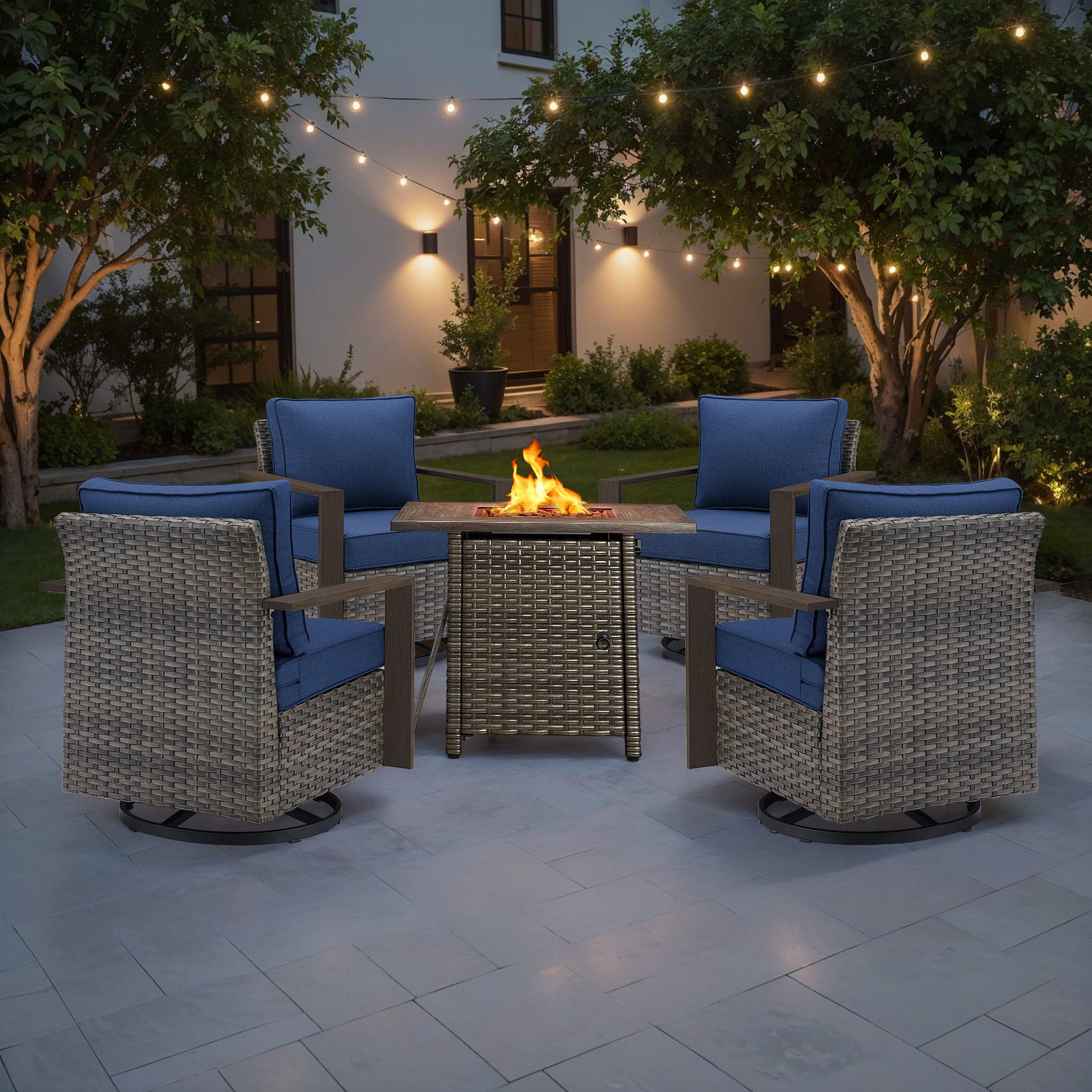 Luxury 5 Pieces Patio Furniture Sets with 50000BTU Propane Fire Pit Table,Outdoor Deep Seating Conversation Set with 4 Swivel Glider Patio Chair for Porch Backyard Balcony
