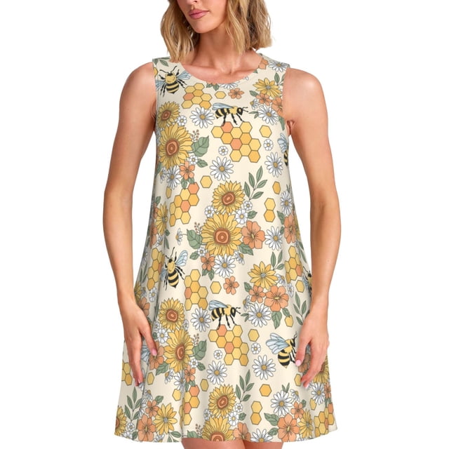 Disketp Hippie Bee Honeycomb para Vestido sin Mangas para Mujeres, Vestidos de Verano para Mujeres, Casual y Holgado para la Playa