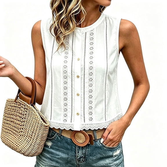Women's French Hollow Out Sleeveless Shirt,Slub Cotton Loose Round Neck Button Down Vest,Summer Cropped Casual Tank Top for Women,Cottagecore Eyelet Ruffle Blouse White L