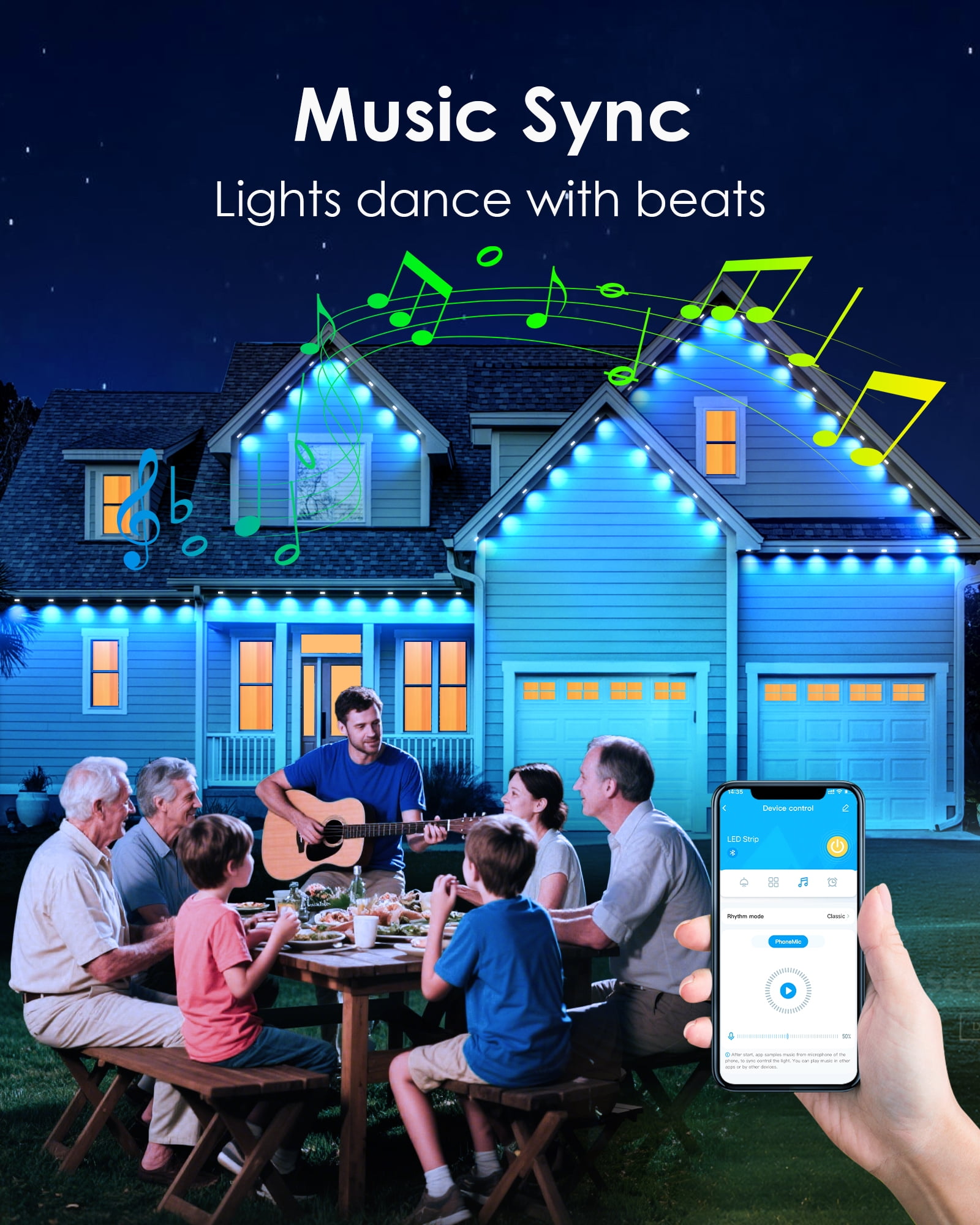 DAYBETTER 100ft Permanent Outdoor Lights, RGB Eaves String Lights with 50LED, Remote/APP Control, IP65 Waterproof, for Garden Halloween Christmas Party Decorations