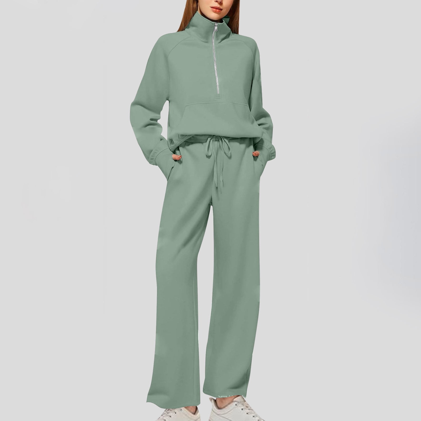 Tall Sizes Women Lounge Sets 2 Piece Outfits Linen Pants Set for Women Pink Women's Solid Color Casual Zipper Long Sleeved Pants Wide Leg Set Get it Fast