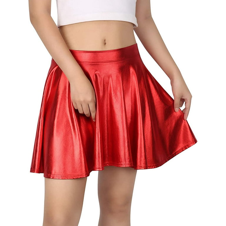 Women's Solid Faux Leather Flared Pleated Stretch Mini Skater
