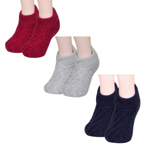 Dweltoz Women's Winter Cable Knit Slipper Socks Thick Plush Lined Warm Non-Slip Floor Socks with Grippers Cozy Low Cut Ankle Lounge Socks 3 Pairs