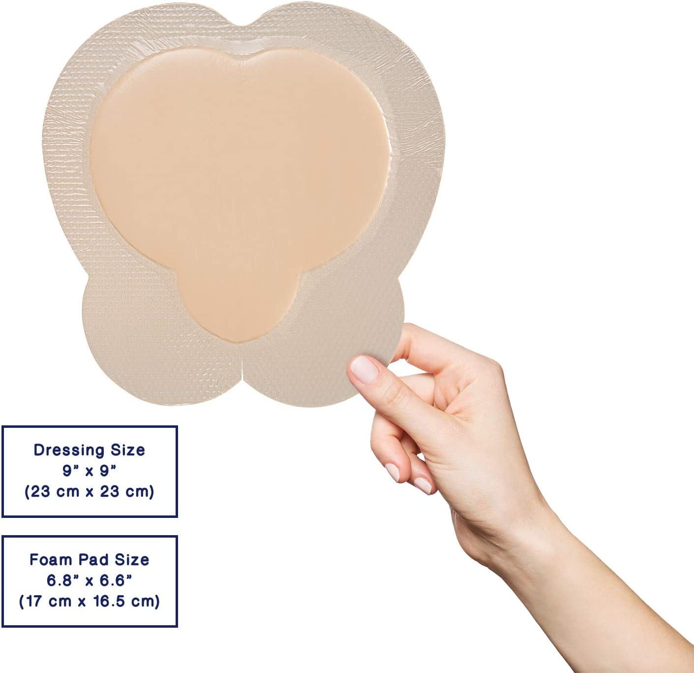 Bordered Silver Silicone Ag Sterile Highly Absorbent Antibacterial Dressing, Sacral,Sacrum, 9"x 9" (6.6"x 6.4" Pad), 5 dressings/Box, MedHeal by MedvanceTM