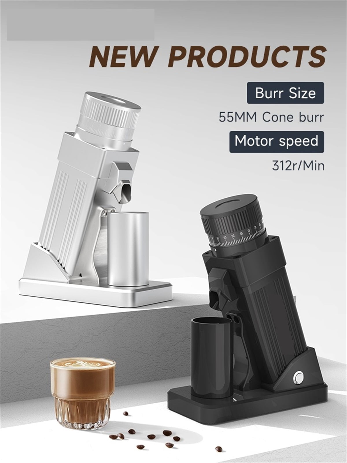 Electric Coffee Grinder 55MM Espresso Cone Burr Stepless Fineness Adjustment Cold Brew Bean Grinder Black Sliver ,Adjustable Grinding
