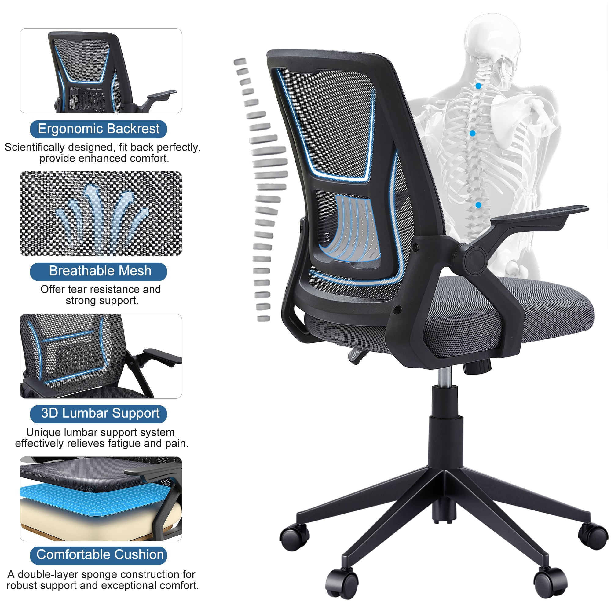 Javlergo Office Chair, Ergonomic Desk Chair Breathable Mesh Chair with Adjustable High Back Lumbar Support Flip-up Armrests, Executive Rolling Swivel Comfy Task Computer Chair, Gray