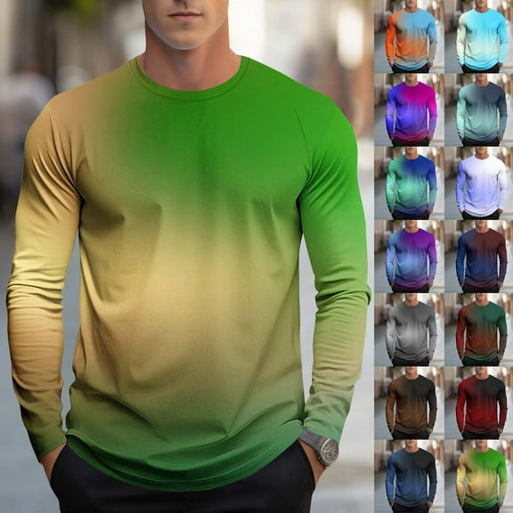T-Shirts for Man Plus Size Long Sleeve Crew Neck Gradient Casual Loose Leisure Big&Tall Print Outdoor Sports Blouses Shirts S-4XL