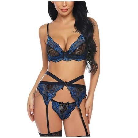 

KDDYLITQ Womens Lace Sexy Lingerie Set Babydoll Bra and Panty Sets Teddy Lingerie with Garter Blue XL