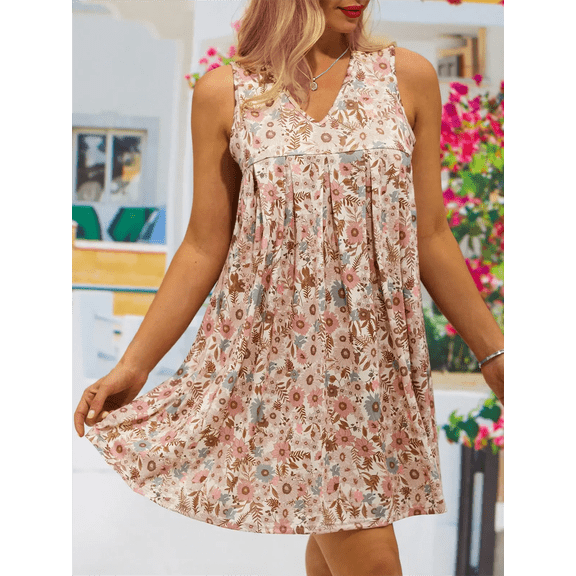 Women's Ditsy Floral Sleeveless V Neck Empire Waist Pleated Loose Flowy Summer Mini Sundress