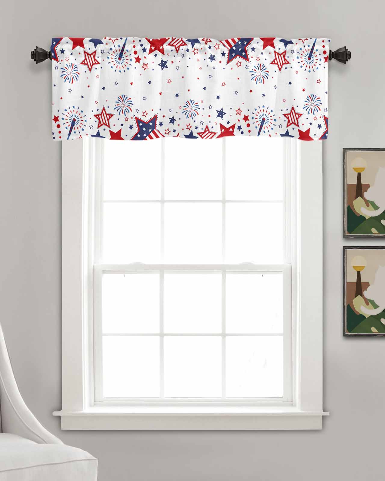 Patriotic Memorial Linen Curtain Valance for Bedroom/Bathroom/Kitchen/Office/Living/Dining Room Windows,Stripes Stars 4th of July Red Blue Rod Pocket Topper Drapes Decorative Cafe Drapery Panel 60x18
